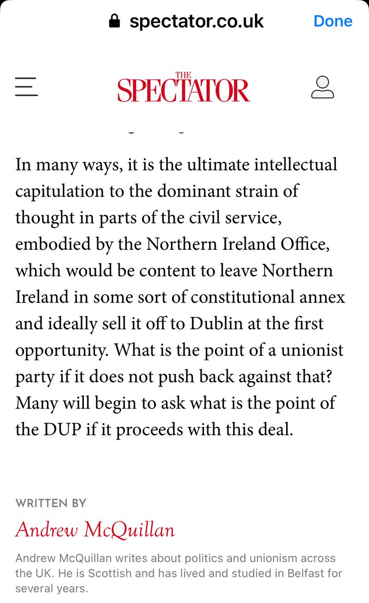 ProtUnionist's tweet image. An important point by Andrew McQuillan, what is the point of a Unionist Party, if the DUP capitulate on this deal,they are lending themselves to the process of Irish unity, and the break up of the Union.
spectator.co.uk/article/agreei…