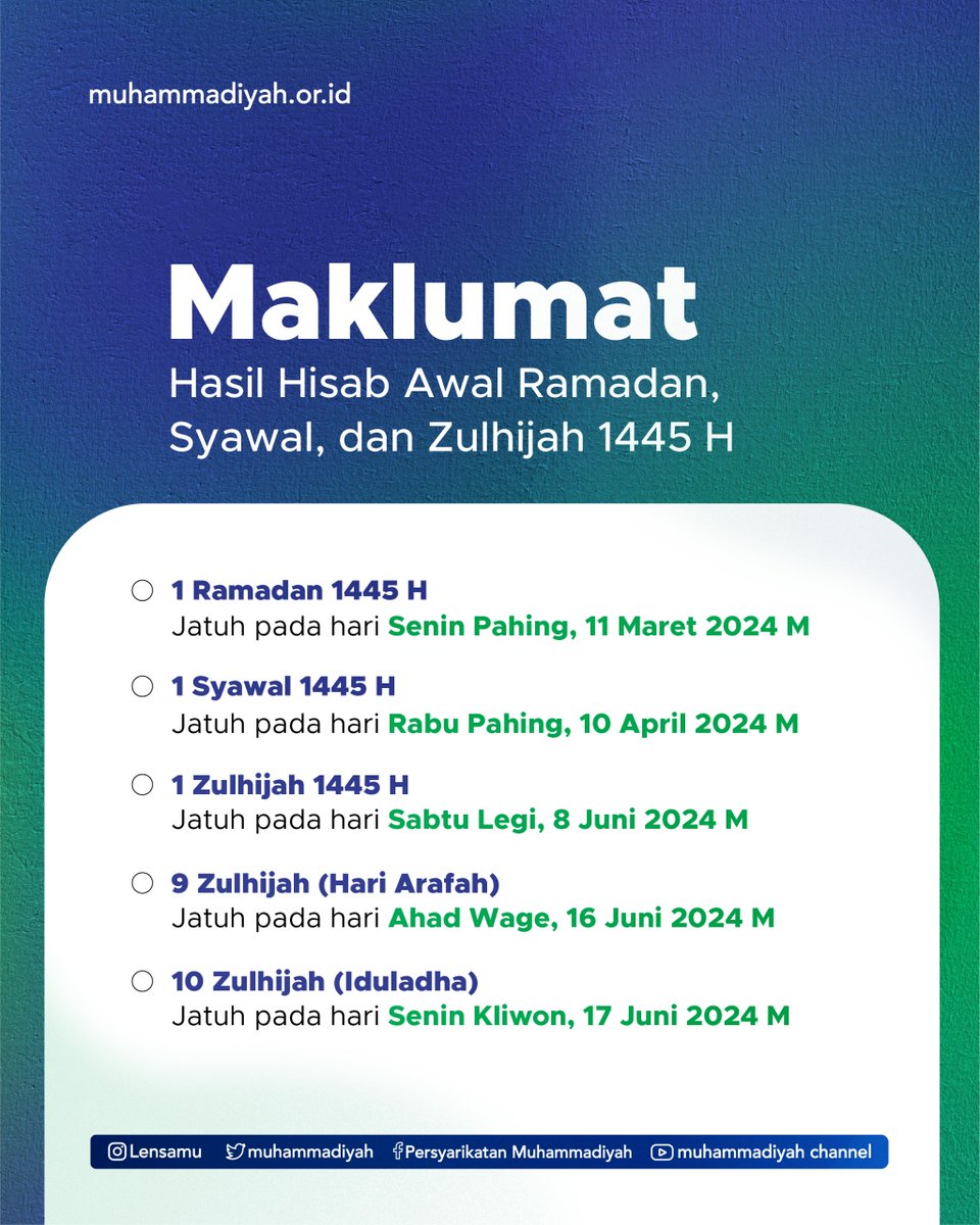 Berdasarkan hasil hisab wujudul hilal dari tim Majelis Tarjih dan Tajdid Pimpinan Pusat Muhammadiyah, 1 Ramadan 1445 H bertepatan dengan 11 Maret 2024 M. Selain itu PP Muhammadiyah juga telah mengumumkan tanggal 1 Syawal, 1 Zulhijah, 9 Zulhijah, dan 10 Zulhijah 1445 H.