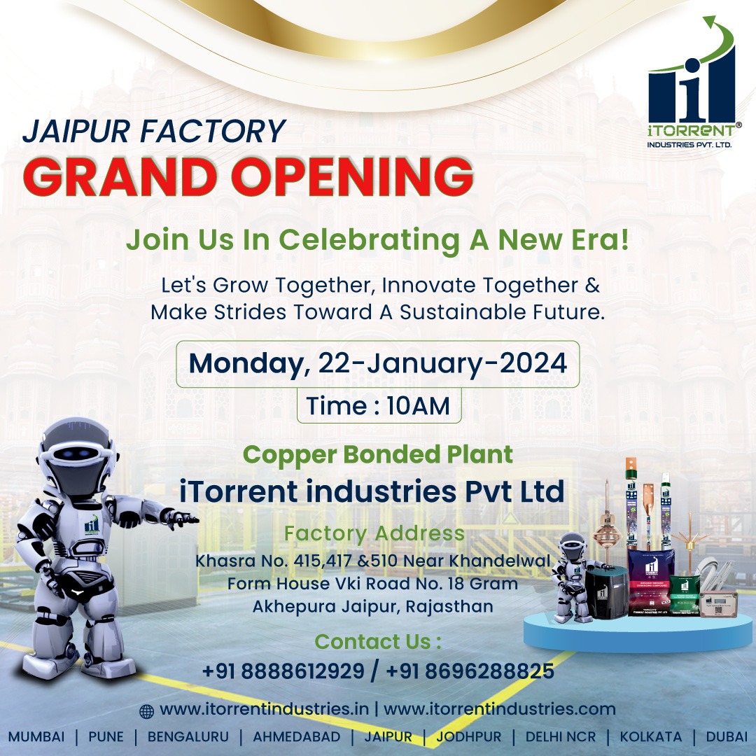 Itorrentindia's tweet image. The Jaipur Factory of iTorrent Industries Pvt. Ltd. is having its grand opening on Monday, 22-January-2024 at 10AM. Join us at Khasra No. 415,417 &amp;amp;510 Near Khandelwal Form House Vki Road No. 18 Gram Akhepura Jaipur, Rajasthan. 
 #GrandOpening  #JaipurFactory #BuildElec #Exp
