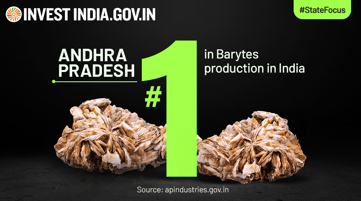 #AndhraPradesh dominates with an astounding 93% share of India's abundant #Barytes reserves, paving the way for developing mineral-based industries. Know more at bit.ly/II-AndhraPrade… #InvestInIndia #InvestIndia #StateFocus #InvestInAndhraPradesh