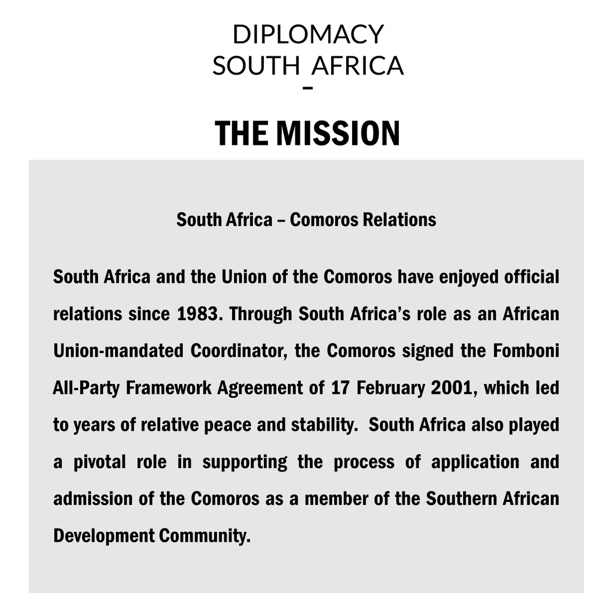 diplomacy_sa's tweet photo. The Mission

🇿🇦 🇰🇲 Embassy of South Africa to the Comoros
@SAEmbComoros https://t.co/wdKeiAMQ9D