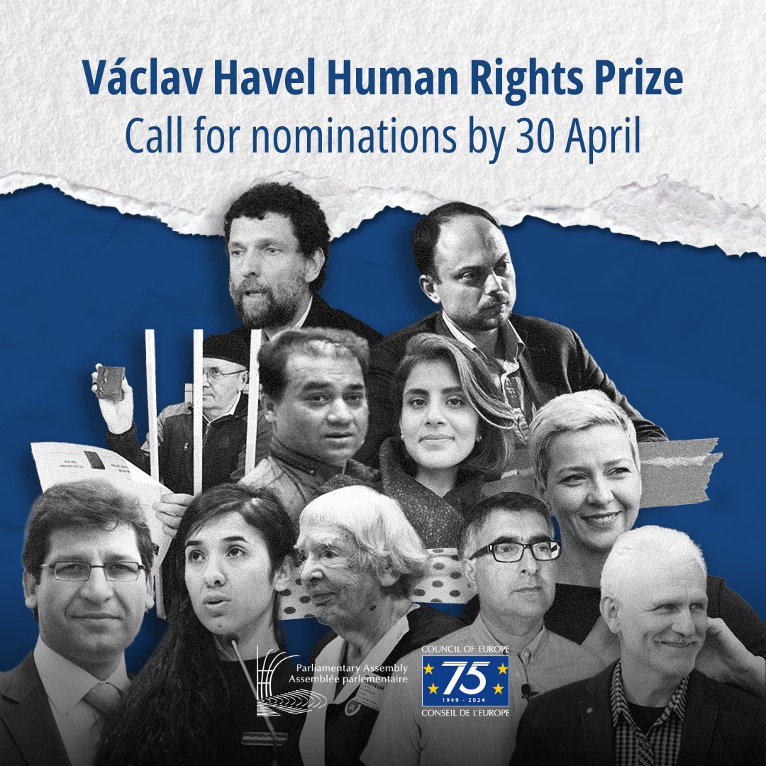 Do you know a #HumanRightsDefender who has shown outstanding courage? This is the moment to honour their work.

Nominations for the 2024 Václav Havel Human Rights Prize are now open. 

Deadline: 30th April.

Read more: pace.coe.int/en/pages/havel…

#HavelPrize #TheirCourageOurRights