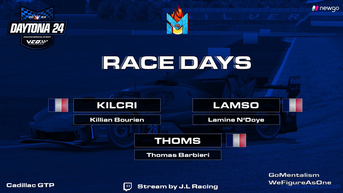 #iRacing  | MnT IS BACK ! 🔥

🏁After a few months of absence, we are pleased to announce that we will be present at the 24h of Daytona on iRacing !

A new team, a new story 📖

📍 : Daytona 
⏱️ : 2pm CEST 
📺 :  twitch.tv/jl_racing

🔵 <a href="/_Thums/">Thoms</a> 
🔵 @LDL_Kilcri 
🔵  Lamso