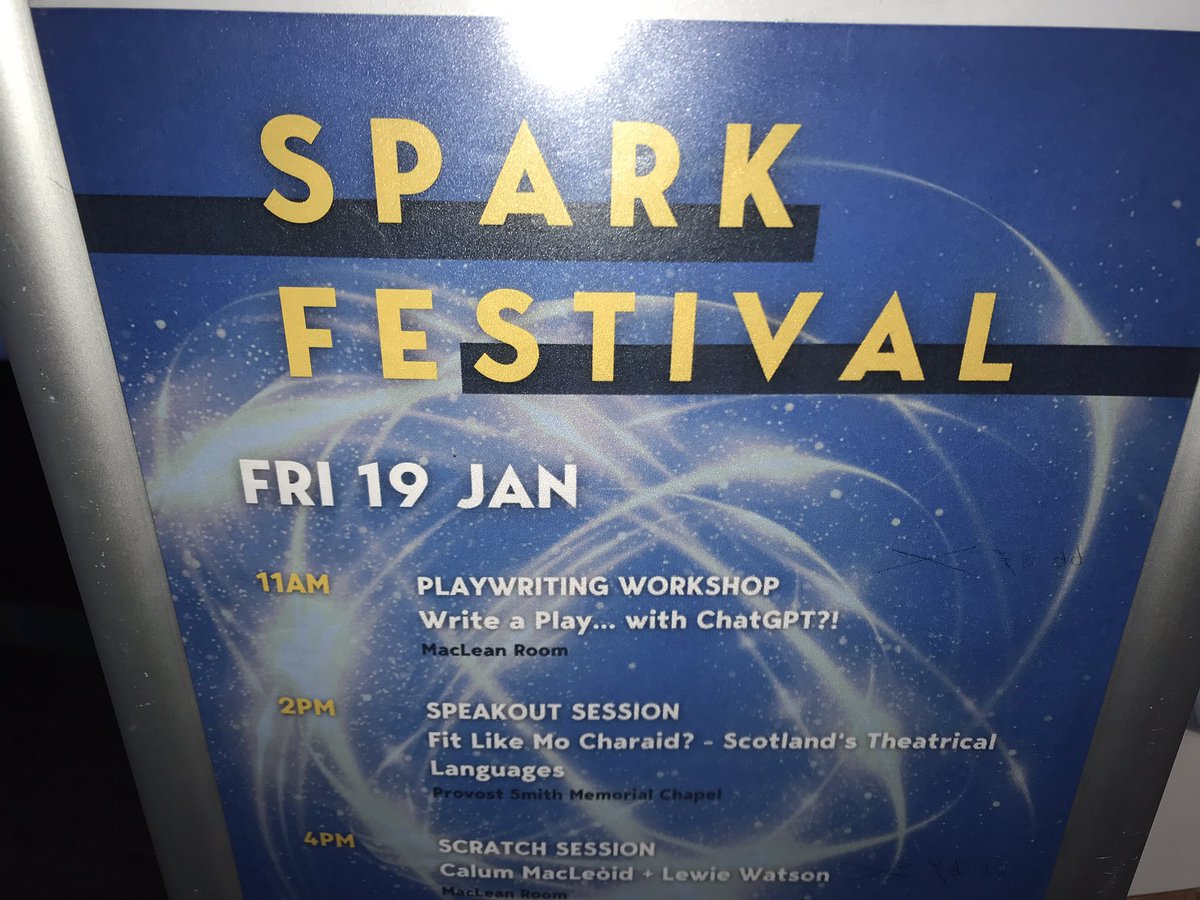 Will AI be the future of playwriting? Probably not (thank god!), after great event at Spark, the Highland new play festival yesterday run by @dogstartheatre @Pwrightsstudio @EdenCourt Session led by Dave Smith of @RightLinesPro - AI can help, but human imagination seems crucial