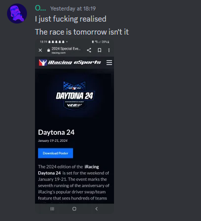 24Hrs of daytona featuring the most prepared man in the universe twitch.tv/owenak_

Starting in about 30 minutes with <a href="/Battleminexl1/">Battleminexl</a>, <a href="/LedgeMagma/">LedgeMagma</a> and <a href="/Vovota04/">Vojtěch Dvořák</a>