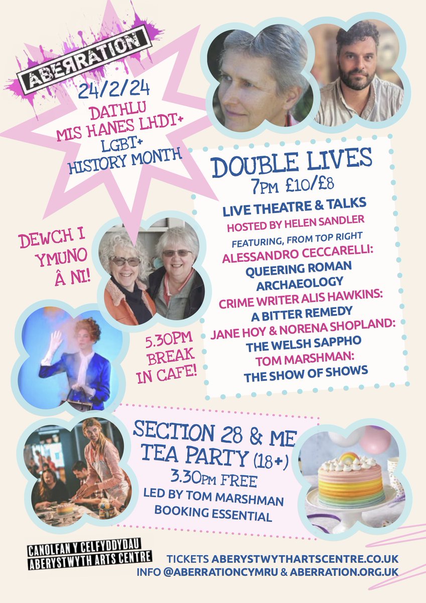 Aberration Cymru (@aberrationcymru) on Twitter photo 'Double Lives' <a href="/aberystwytharts/">Canolfan y Celfyddydau Aberystwyth Arts Centre</a> 24 Feb <a href="/LGBTHM/">LGBT+ History Month 🏳️🌈🏳️⚧️</a> Performances + talks from <a href="/TommyMarshman/">Tom Marshman</a> <a href="/NorenaShopland/">Norena Shopland 🌈🏴 🕯️🇺🇦🕯️</a> with Jane Hoy, <a href="/alex_arkeonerd/">Dr Alessandro Ceccarelli</a> <a href="/Alis_Hawkins/">Alis Hawkins</a> + 'Section 28 and Me' Tea Party! Supported by <a href="/AberUni/">Aberystwyth University</a> Info: aberration.org.uk/category/event… #LGBTQIA #aberystwyth #cymru #wales 'Double Lives' <a href="/aberystwytharts/">Canolfan y Celfyddydau Aberystwyth Arts Centre</a> 24 Feb <a href="/LGBTHM/">LGBT+ History Month 🏳️🌈🏳️⚧️</a> Performances + talks from <a href="/TommyMarshman/">Tom Marshman</a> <a href="/NorenaShopland/">Norena Shopland 🌈🏴 🕯️🇺🇦🕯️</a> with Jane Hoy, <a href="/alex_arkeonerd/">Dr Alessandro Ceccarelli</a> <a href="/Alis_Hawkins/">Alis Hawkins</a> + 'Section 28 and Me' Tea Party! Supported by <a href="/AberUni/">Aberystwyth University</a> Info: aberration.org.uk/category/event… #LGBTQIA #aberystwyth #cymru #wales