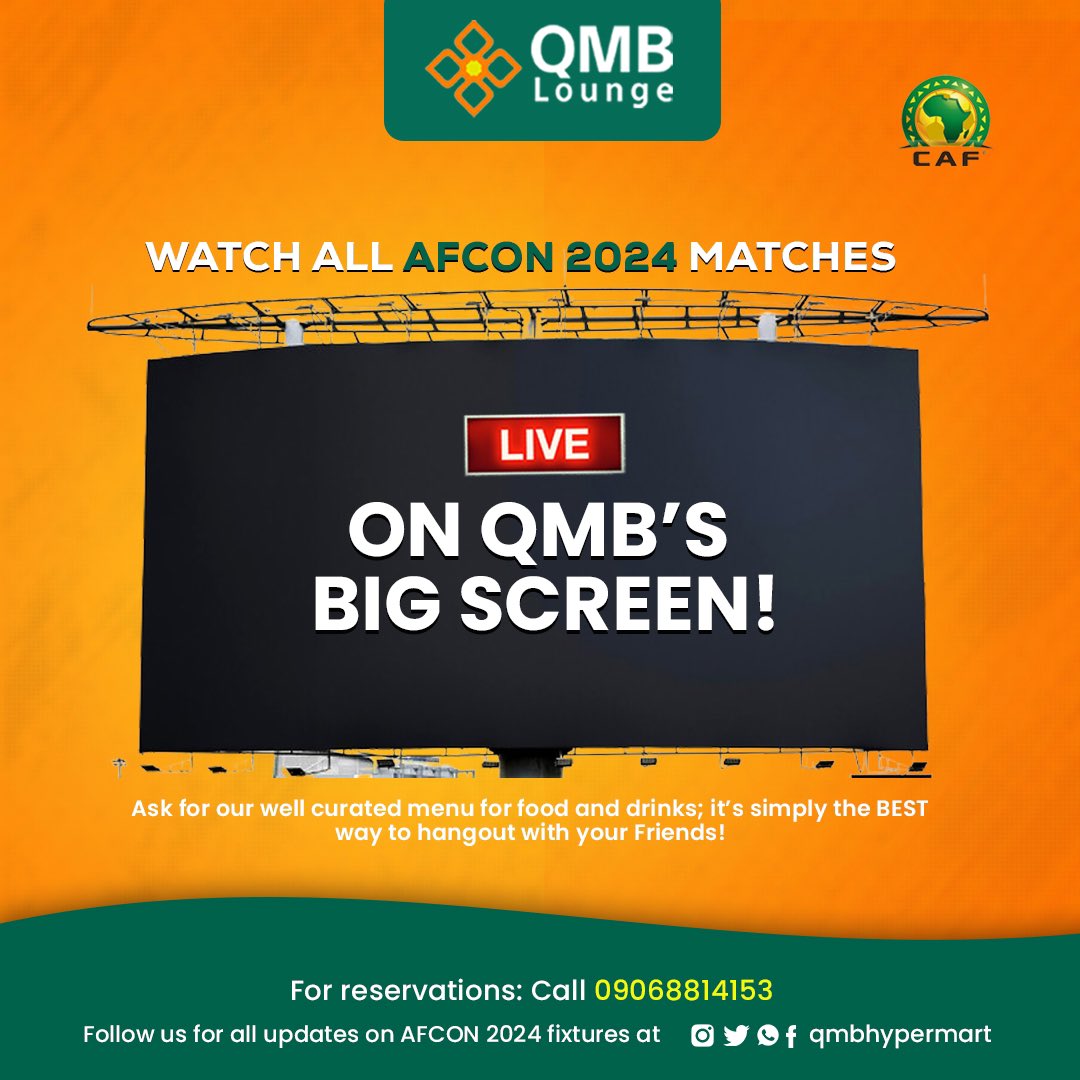 QMBHypermart's tweet photo. Watch all the AFCON 2024 Matches, Live on the BIG Screen @ QMB Arena 

📍QMB Builder’s Mart Road, Lekki-Epe Expressway

Ask for our well curated menu for food and drinks; it’s simply the BEST way to hangout with your Friends. 

For reservations: Call +234 913 413 1736

#Afcon2024 https://t.co/VBrma8PpJC
