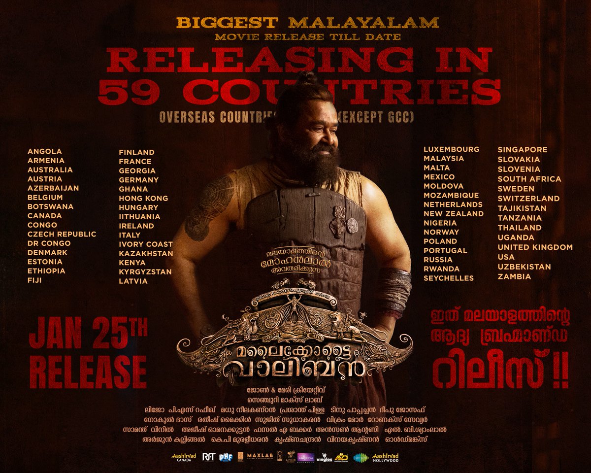 BANG!! BANG!! BANG!! 🔥

#MalaikottaiVaaliban to new heights - going global 🌏🎥 
with an overseas release in 59 countries (excluding GCC) on Jan 25, 2024!!
Biggest Ever Release for a Malayalam Movie⚡️⚡️

#MalaikkottaiVaaliban #MohanlalwithLJP #Mohanlal #VaalibanOnJan25