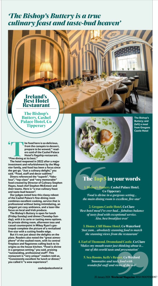 Lovely to wake up to the @IndoWeekend Reader Travel Awards 2024 & see Gregans Castle at Irelands 2nd Best Hotel Restaurant, thank you @poloconghaile & all who voted! 

#indotravelawards