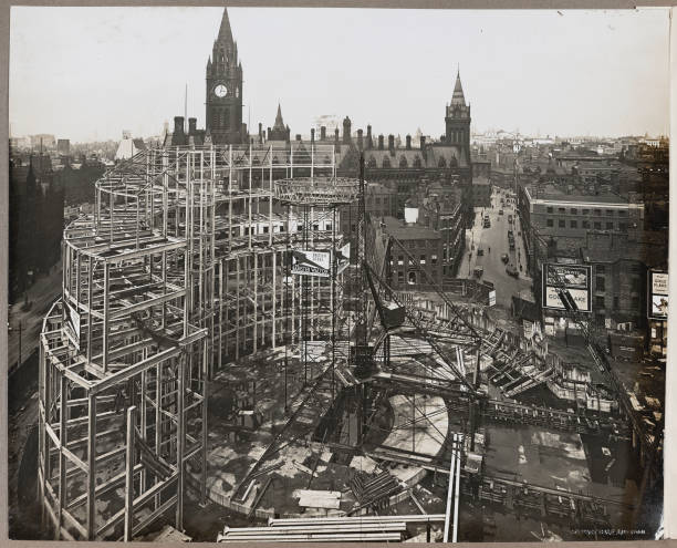 Construction of Central Library, St Peter's Square, Manchester, 1930 - 1934. View from the top of the Midland Hotel.

The library was  designed by E Vincent Harris. The library was officially opened by King George V on 17 July 1934 <a href="/MancLibraries/">Manchester Libraries</a> <a href="/archivesplus/">Archives+</a>