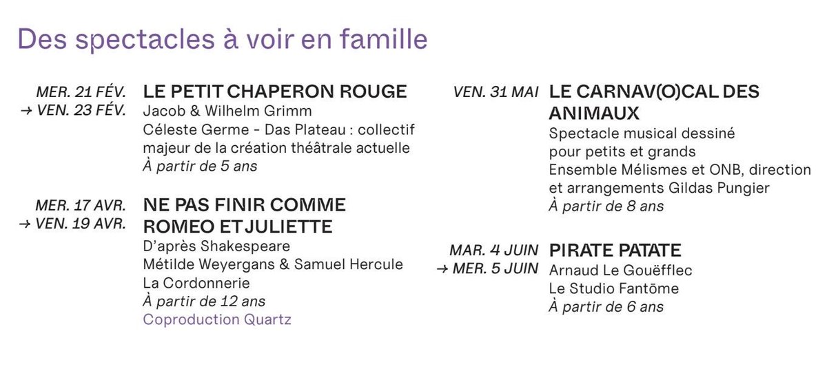 #LeQuartz2024 🚨 Les grands rendez-vous 2⃣0⃣2⃣4⃣ ➡ Des spectacles à voir en famille 👨‍👩‍👧‍👧 Depuis sa création en 1988, le Quartz a toujours réservé une belle place d'honneur aux spectacles familiaux dans sa programmation, et devinez quoi ? On continue en 2024 😉