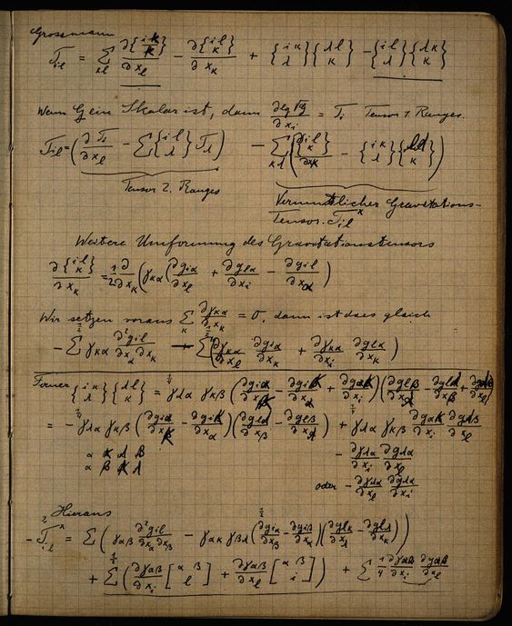 PhysInHistory's tweet photo. A page from Einstein's 1912 notebook with his works on relativity. https://t.co/1gEjeoFVXu