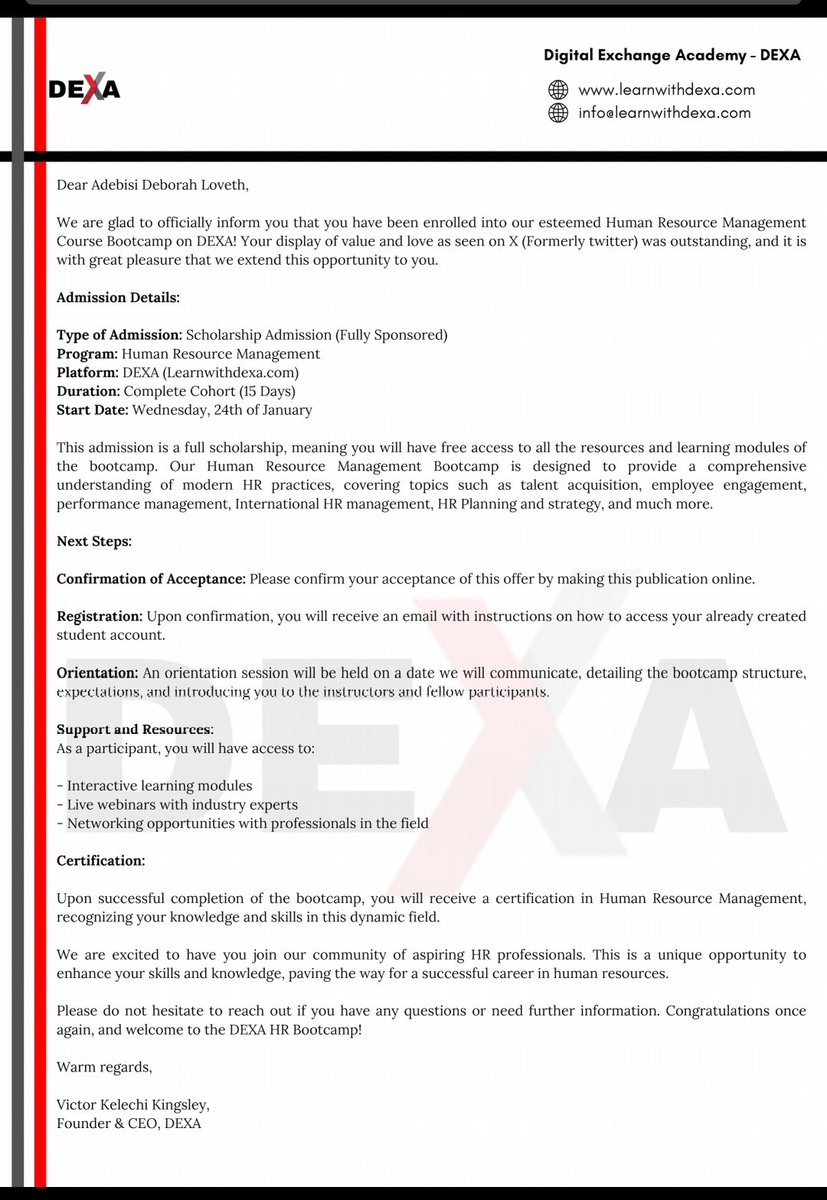 _DebbieOA's tweet photo. I'm glad to announce that I have accepted the admission offer to Study Human Resource Management online through the short certificate course from DEXA @Learnwithdexa. I'm excited about this journey💃🏽!

For everyone who indicated interest to go into tech through DEXA's tuition-free tech courses and programs, kindly use the link below to join their Whatsapp channel for information as Registration begins tomorrow for Cyber Security, Product Management, Project Management and HR Management courses. All "tuition-free".

Join the channel here:  https://t.co/Pdj1yAx0ve

Congrats to me and to everyone who will be selected!"