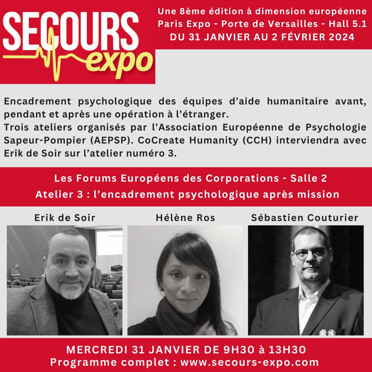 8ème salon Secours Expo à Paris.
CCH aura le plaisir de co-animer une session avec Erik de Soir pour évoquer la pair-aidance dans le parcours de rétablissement des humanitaires et l'importance de mettre un dispositif en place pour les retours de mission.
linkedin.com/posts/cocreate…