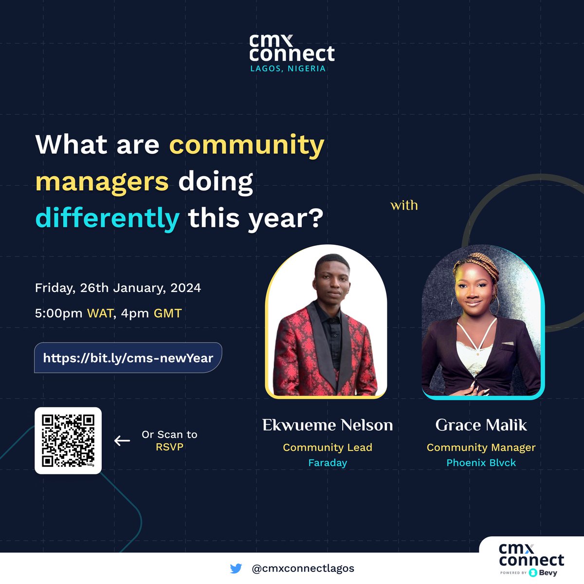CMXconnectLagos's tweet photo. New Year, New Horizons! 🎉 
Join us to talk about how community managers are adapting to the changes and how to better manage and improve their communities. 
Date: Friday, 26th of January, 2024
Time: 5:00pm GMT
Venue: Virtual
 RSVP: https://t.co/lfpeXqUaru
#NewYearNewCommunities https://t.co/YZwdz7DbY8