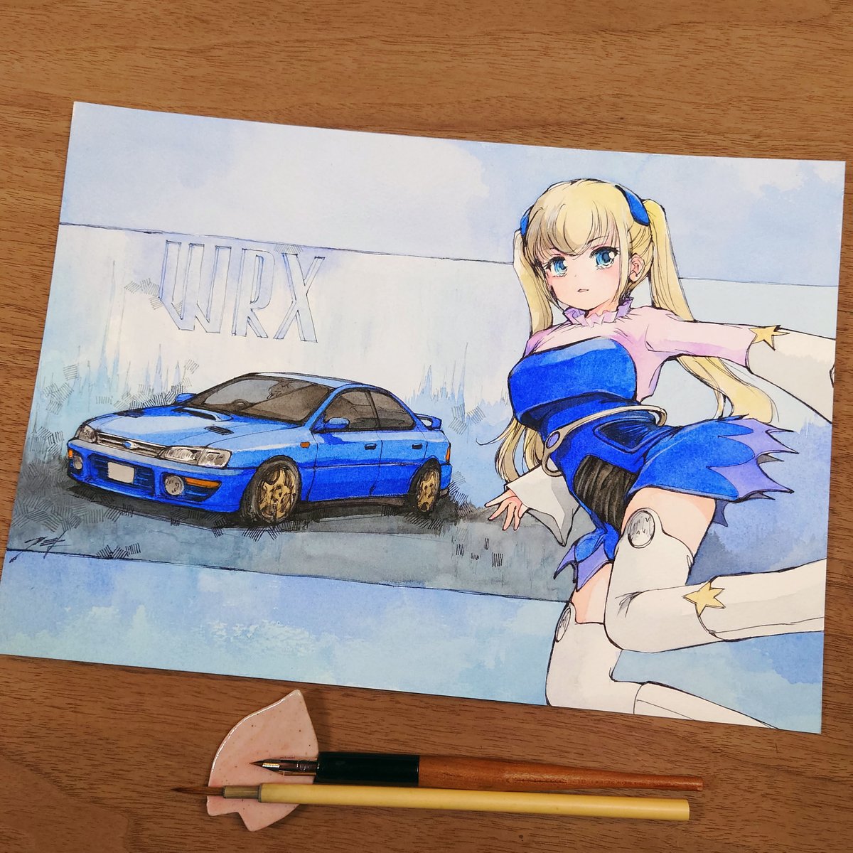 1girl blonde hair twintails car ground vehicle motor vehicle traditional media  illustration images