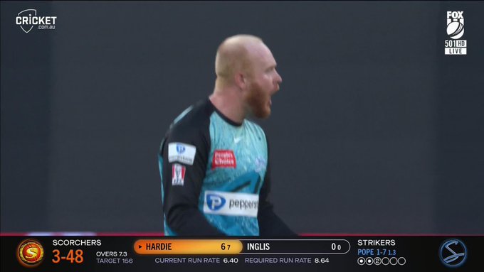 Lloyd Pope has a second and it's the Scorchers skipper that has to go! 📹 Credits: Twitter/cricketcomau