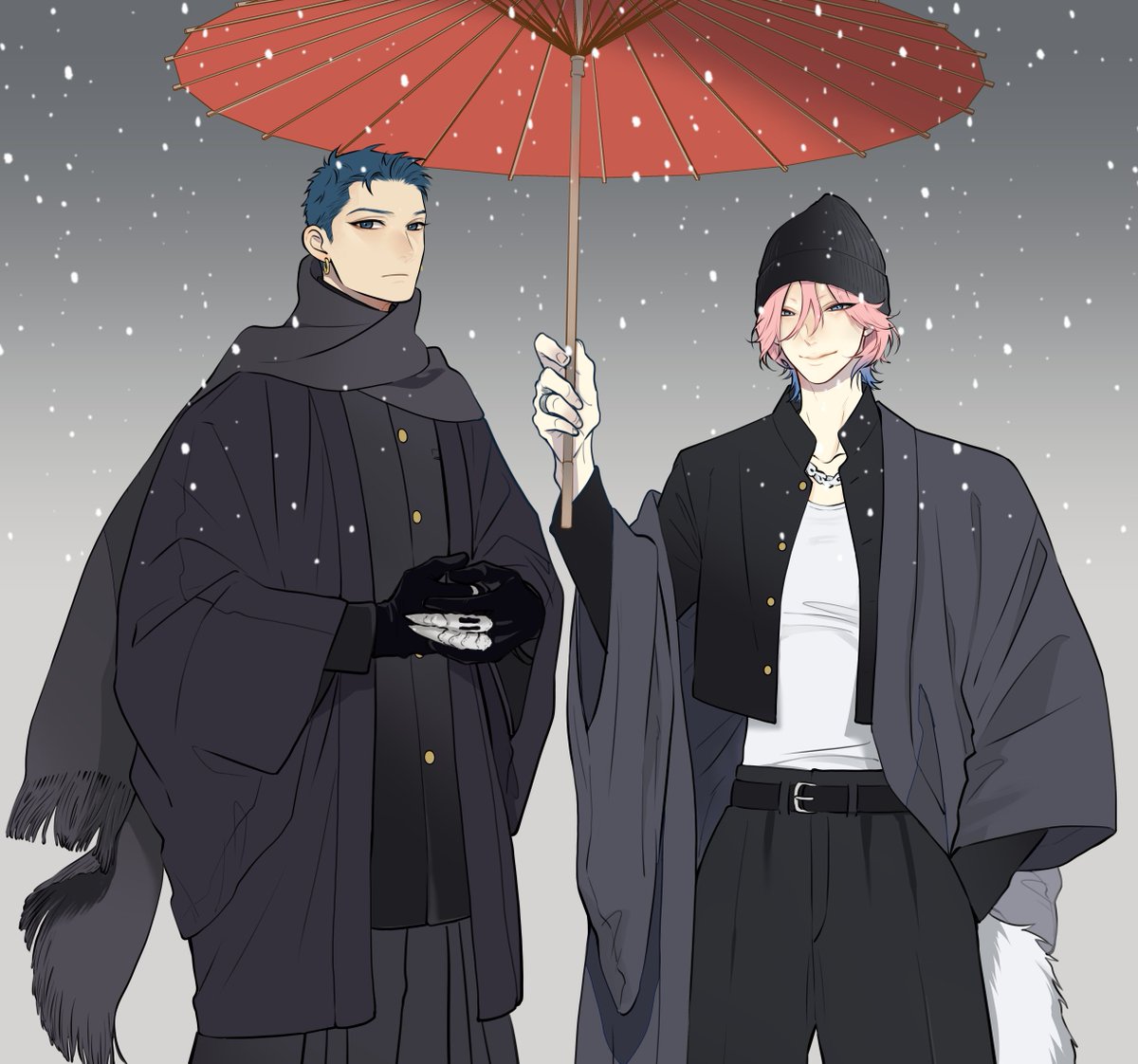 2boys multiple boys male focus pink hair umbrella gloves scarf  illustration images