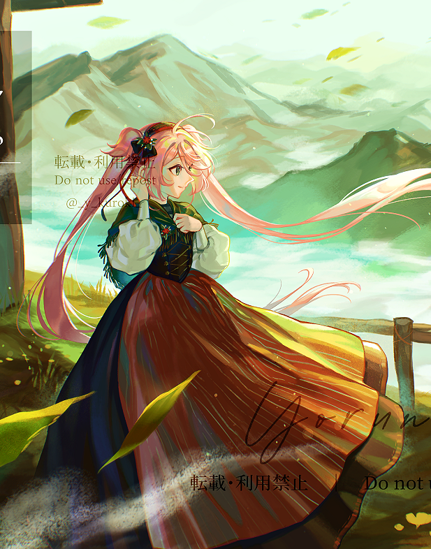 1girl long hair solo pink hair twintails mountain wind  illustration images