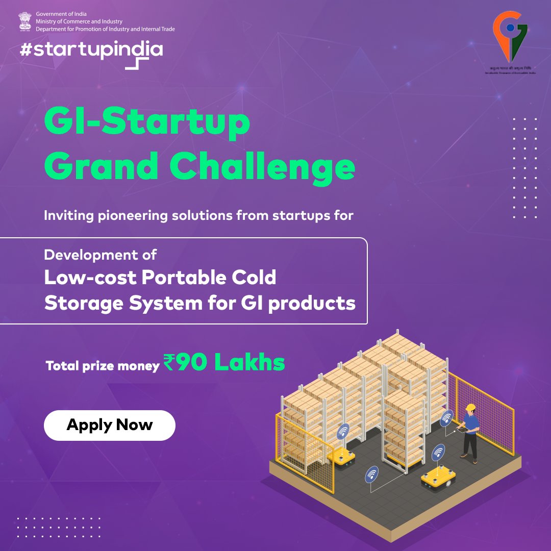 The GI-Startup Grand Challenge calls upon #startups, urging them to revolutionise the domain of #GeographicalIndication (GI) products by focusing on developing a low-cost portable #coldstoragesystem. 

Apply now: bit.ly/48zaTiW

#StartupChallenge #InnovationChallenge