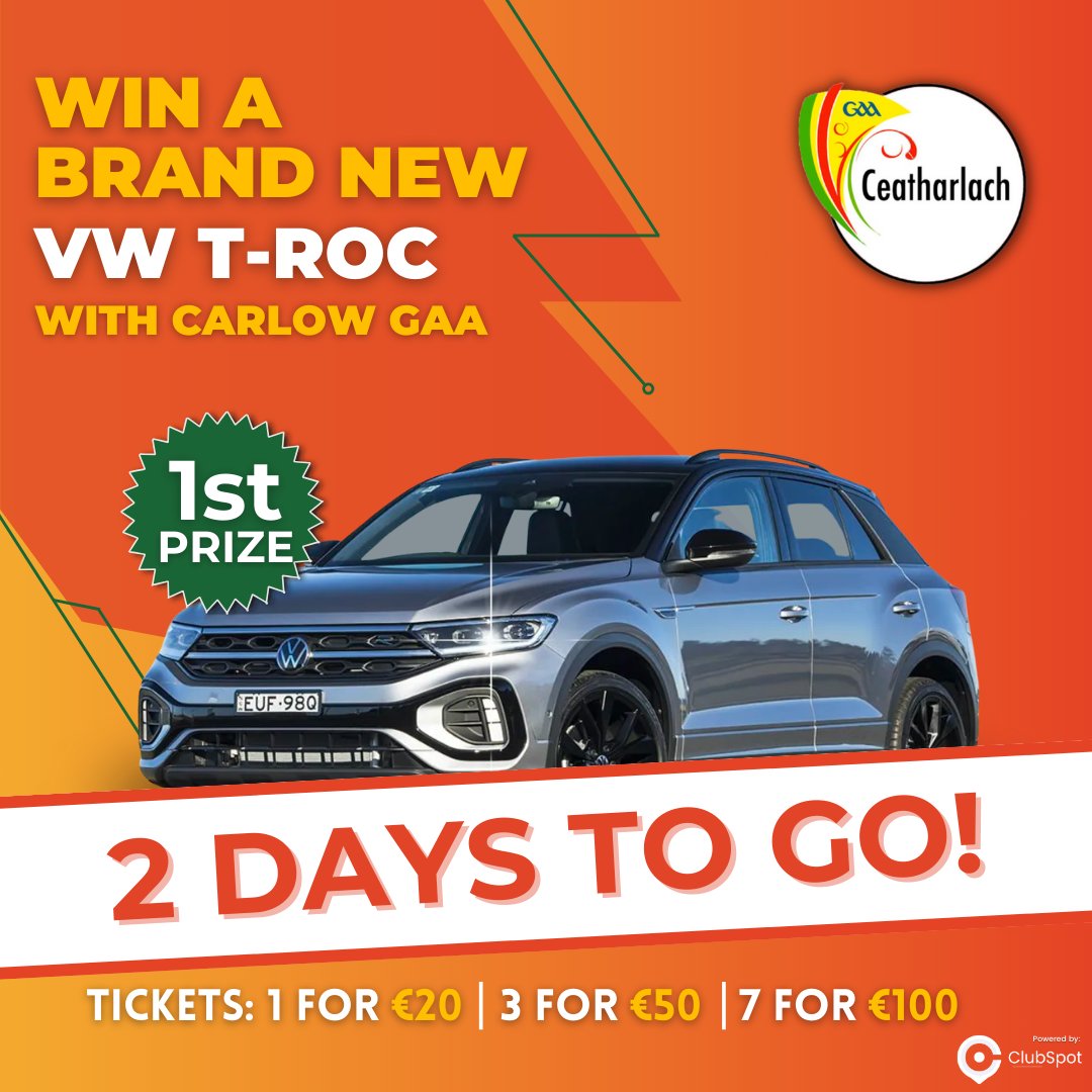 ⏰The clock is ticking on the Carlow GAA Car Draw with ticket sales closing on Monday, 22 January.  

🙈So don't miss out, buy tickets now at bit.ly/CarlowGAACarDr………………    

🚗For just €20 you could win a fantastic VW T-Roc worth €44,700 or one of 4 other super prizes.