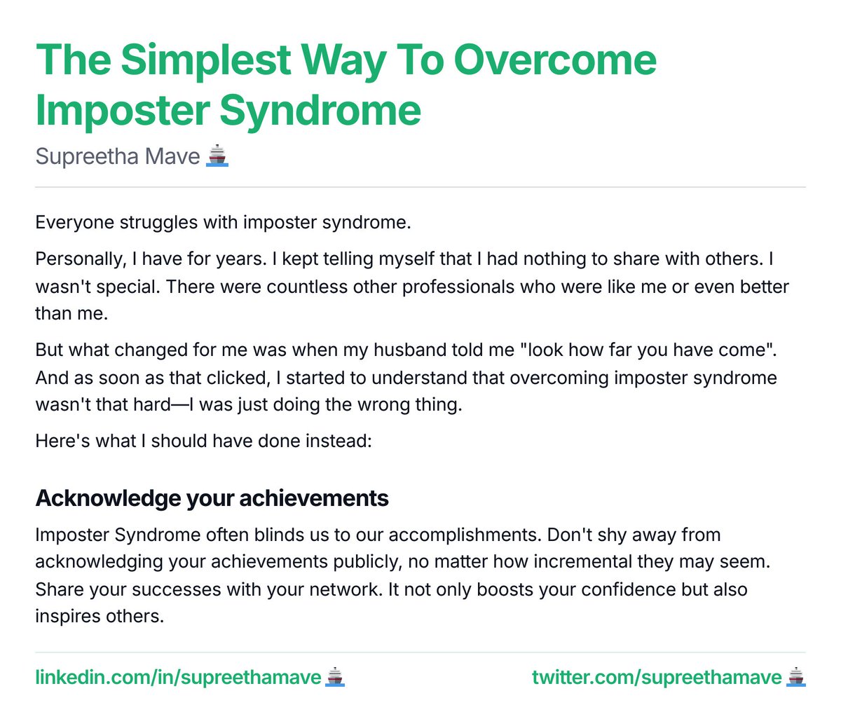 SupreethaMave's tweet photo. @ship30for30 The simplest way to overcome imposter syndrome. https://t.co/cn6ipHgUou