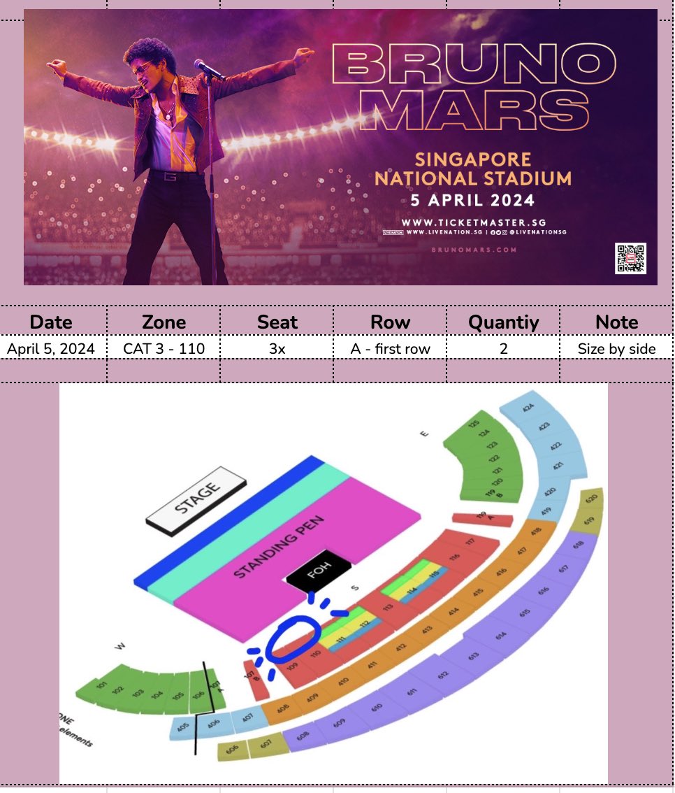 LinhChanHee's tweet photo. WTS - Bruno Mars World Tour in Singapore 2024.

- 2x CAT3 // Zone 110
- Row A (first row - really nice view)
- Seat 3x (side by side)
Not the original price. Please dm!
#BrunoMars #BrunoMarsinSG #BrunoMarsSG #BrunoMarsinSingapore #BrunoMarsSG #BrunoMarsLiveInSG #wts https://t.co/nCMsk3UQdV