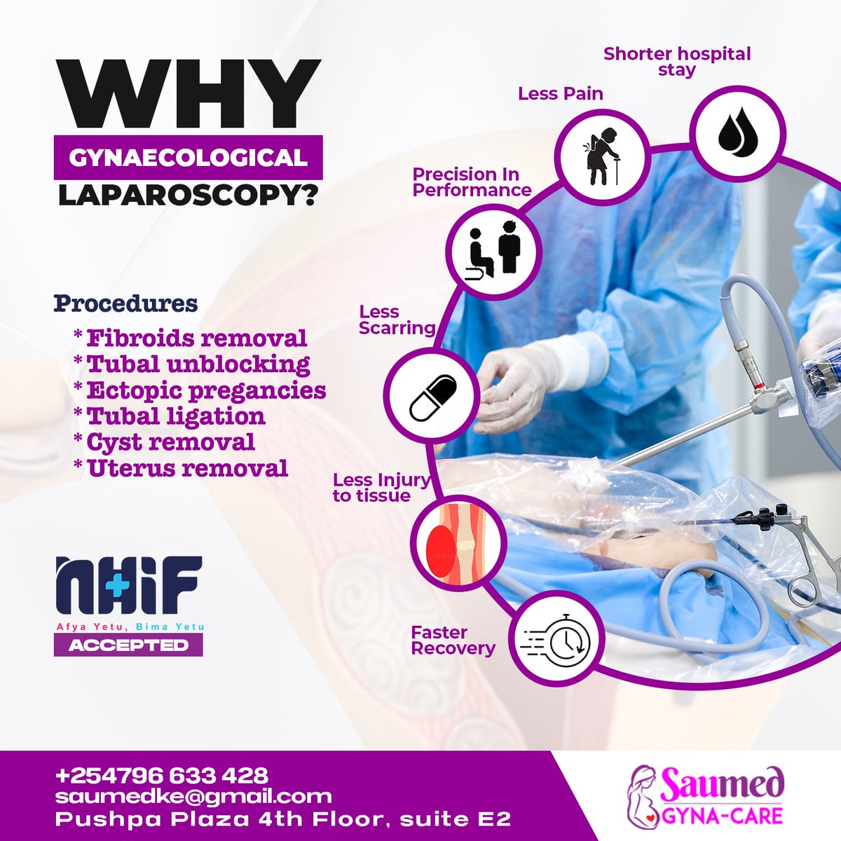 SauMed GYNA CARE Thika is your premier LAPAROSCOPY center specializing in diagnosis & treatment of FIBROIDS, UTERUS, CYSTS & INFERTILITY – Your Path to Health and Wellness starts here.