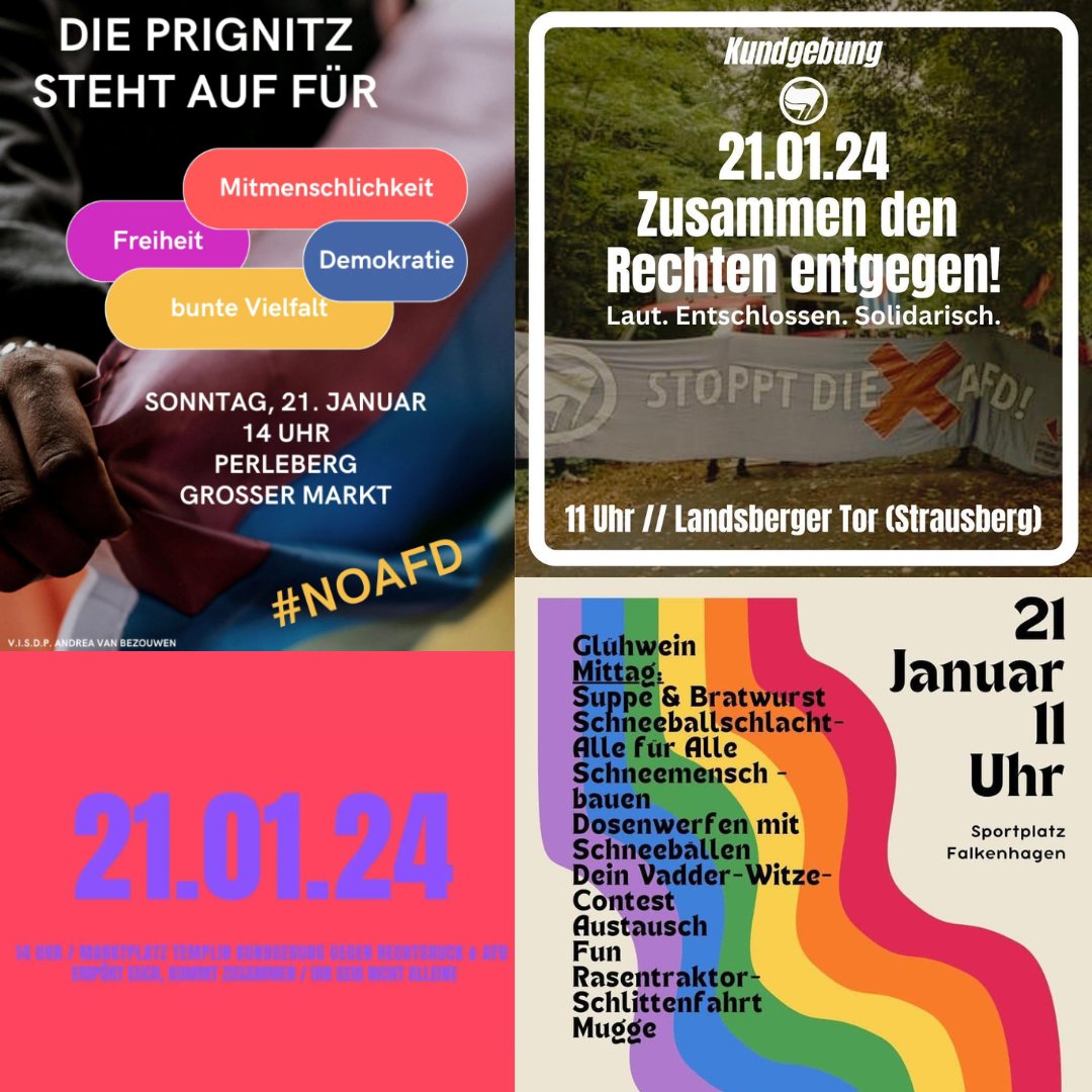 ab_brandenburg's tweet photo. Heute & morgen finden im Land #Brandenburg viele Proteste gegen #Rechtsextremismus statt: Sa, 20.1. 13:30 Uhr #Spremberg | 15 Uhr #Luckenwalde | 17 Uhr #Eberswalde // So, 21.1. 11 Uhr #Cottbus, #Falkenhagen #Strausberg | 14 Uhr #Templin, #Perleberg 👉 https://t.co/zJ1UqiuZmm https://t.co/hPJ2rGkbvC