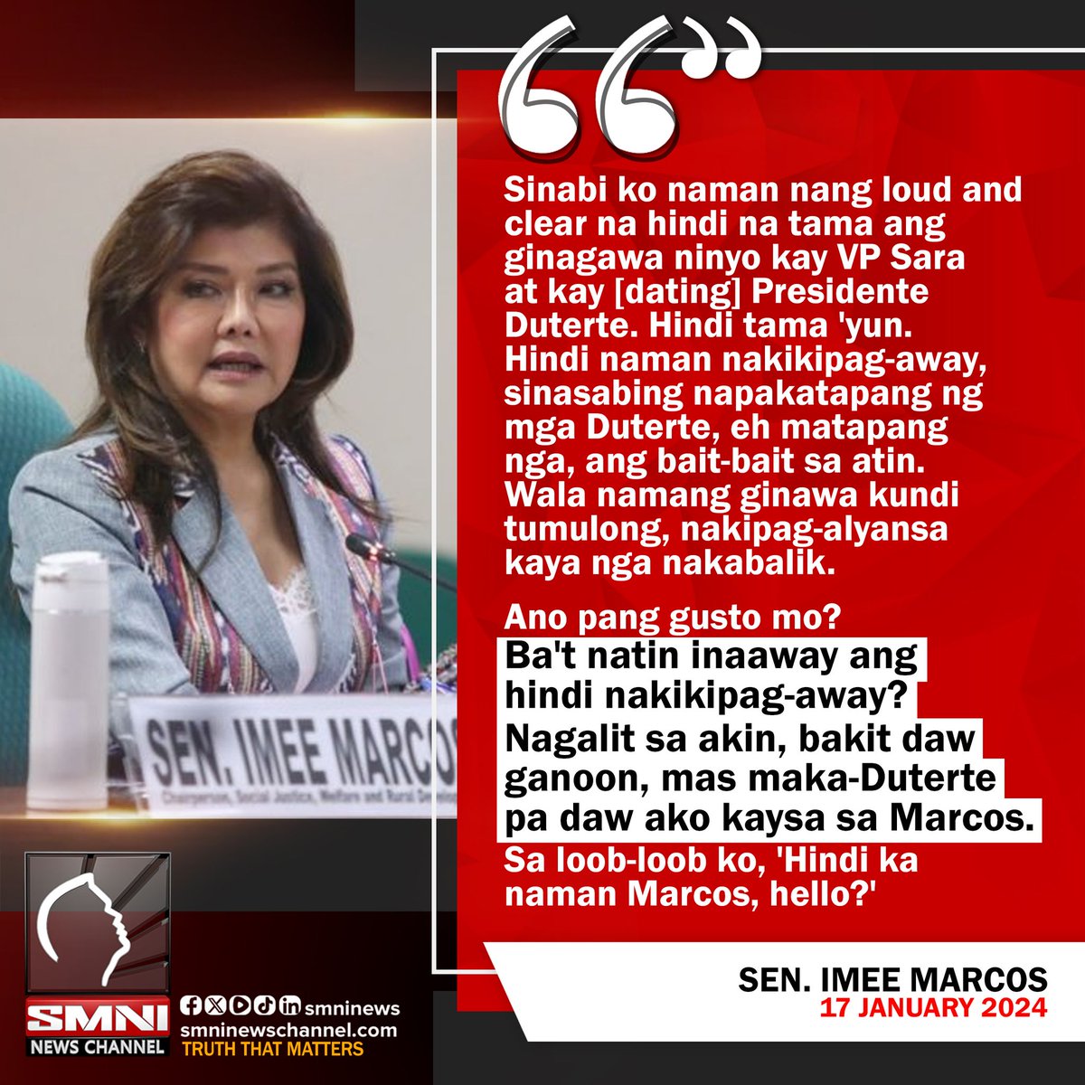 smninews's tweet photo. Sen. Imee kay Speaker Romualdez: Bakit natin inaaway ang hindi nakikipag-away? https://t.co/WeKroyxAC9