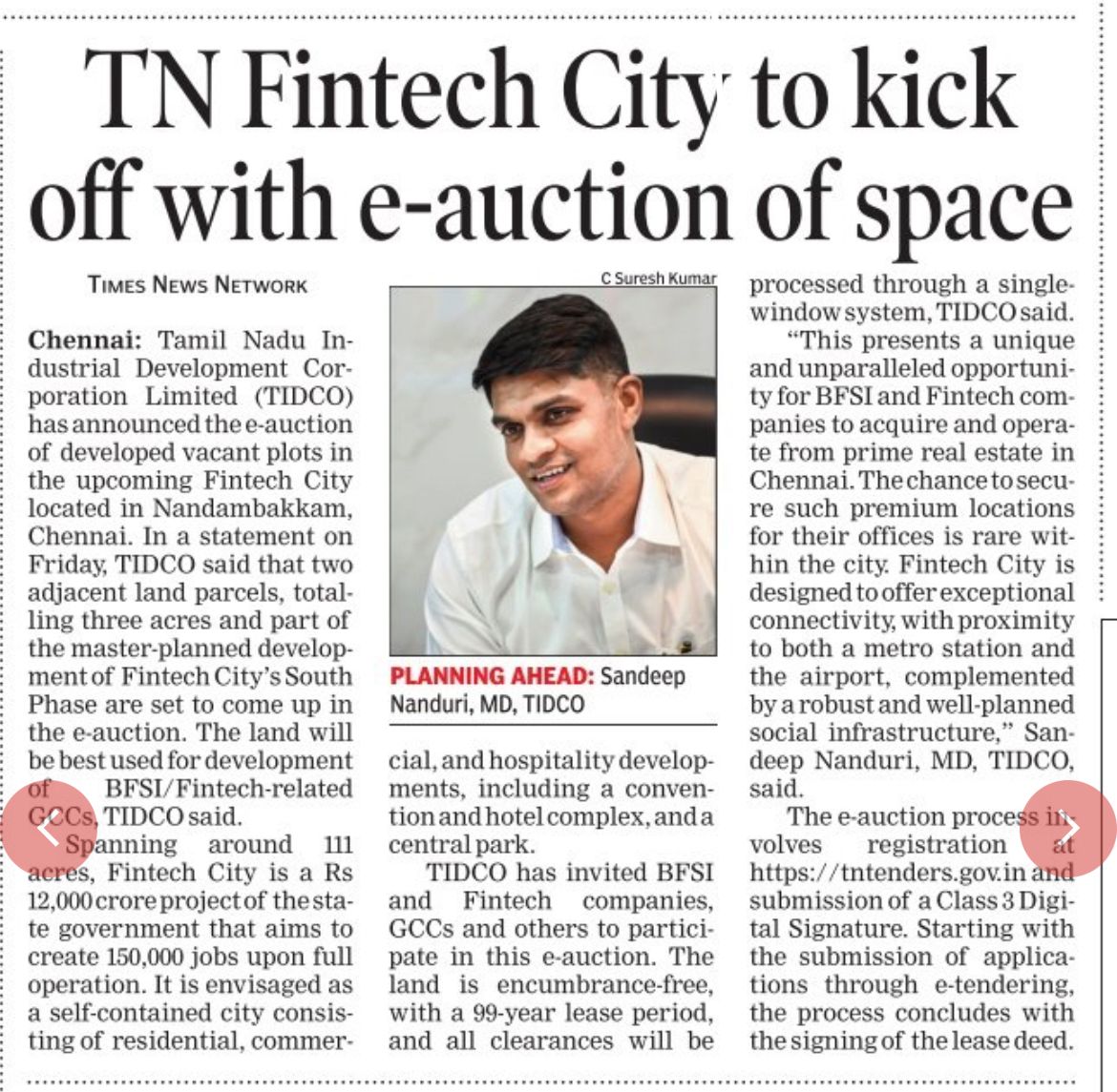 TIDCO has invited BFSI and Fintech companies, GCCs and real estate developers (end usage for BFSI/Fintech companies) to participate e-auction, offering an unparalleled chance to be part of state of the art Fintech City @TIDCO_1965