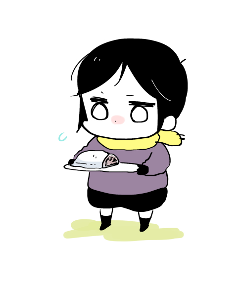 solo scarf 1girl black hair food chibi plate  illustration images