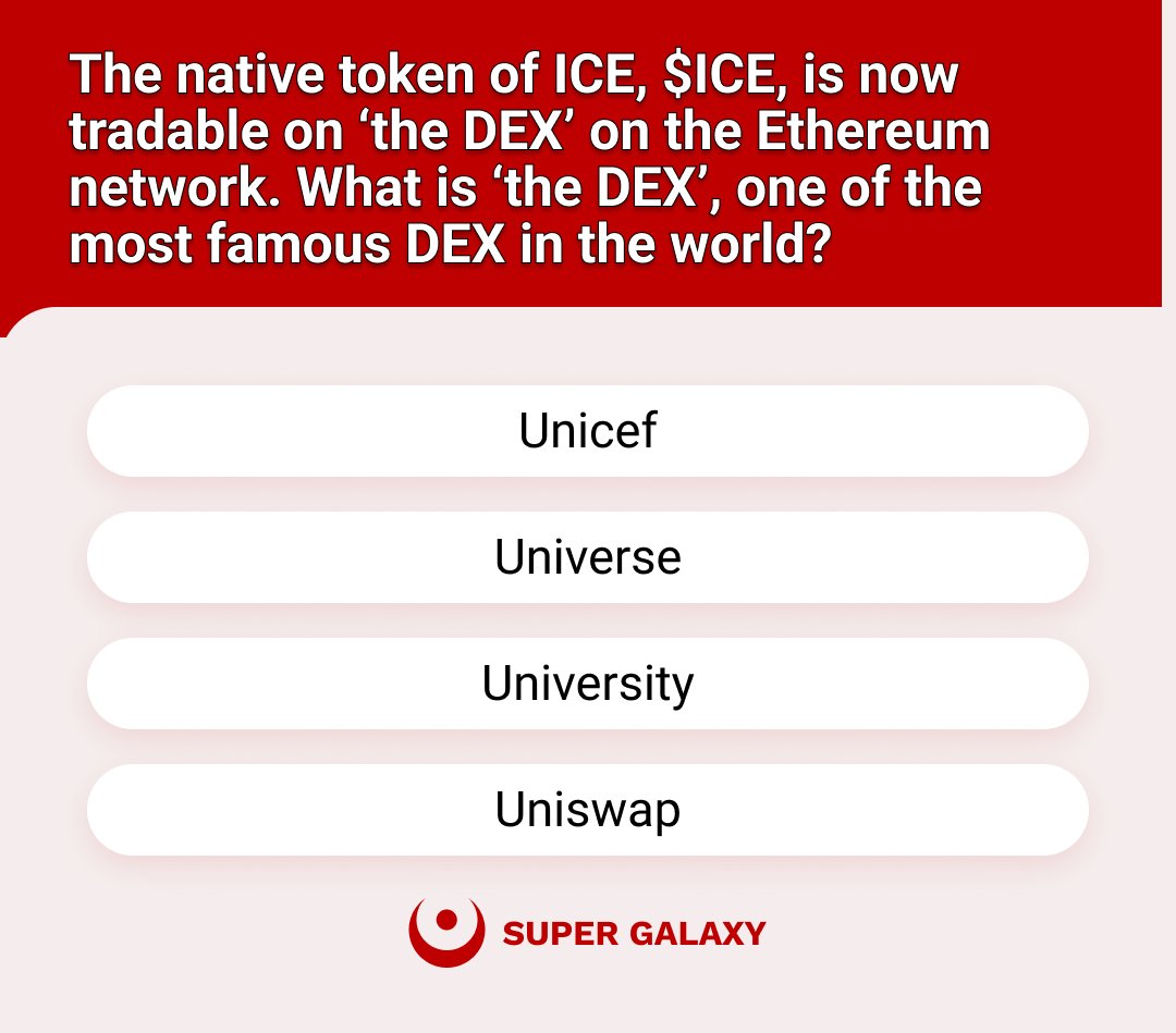 << Today's Quiz of 'SuperGalaxy' >> Today's quiz is about 'ICE, the newest cryptos you can mine using a phone for free! 📌Repost this post and Follow @ice_blockchain & @SuperGalaxy_io 🎁Select 1 person for 10 USDT reward! *BUT reward will be 20 USDT if more than 100 replies!