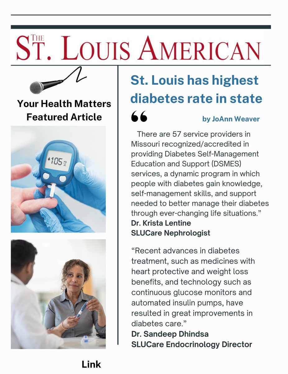 KristaLentine's tweet photo. 🙏🏽Honored to join @slucare colleague #SandeepDhindsa in @StLouisAmerican interview🎤on the impact of #diabetes in our state of #Missousi, #disparities in affected populations➡️need to reach underserved communities👩🏽‍⚕️w/ best advances in diabetes care💊📰
📲https://t.co/A78lY0SdOJ https://t.co/oM1e3eZKBc