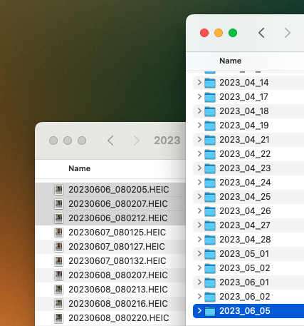retrodcpndsgnxx's tweet image. #Automator 詳しい方……
左のように、作成日時で名前を付けたファイルが大量にあります。この日付までの数字を使ったフォルダを別途作成して、その中に該当する日付のファイルを移動したいのですが、組み方がちんぷんかんぷんです🌀アドバイスをいただけませんか?