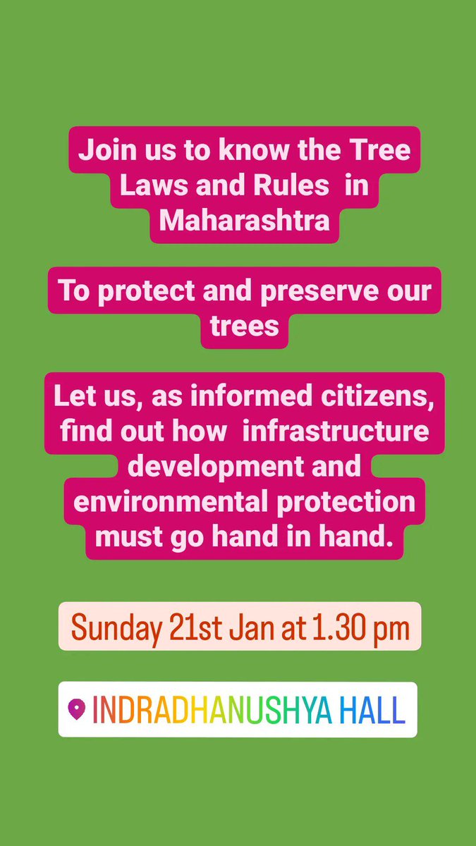 #Pune Join us on Sunday 21st Jan to know the Tree Laws and Rules  in Maharashtra with @Rajendra03jun 

Let's know our rights to protect and preserve our trees! 

#SavetreesofPune
#Puneसंवाद  
#ownyourcity
Location📍
maps.app.goo.gl/cGgNdRFWqEBXse…