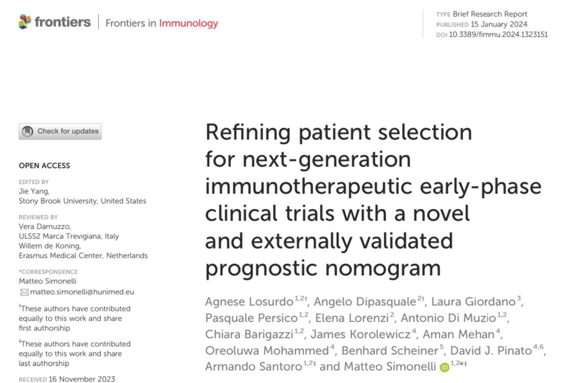 AngeloDipa_'s tweet photo. Which patient may benefit from inclusion in an early-phase trial with next-generation #immunotherapies⁉️🩺
📣 Find out our experience with interesting observations and a handy prognostic #nomogram for clinical practice ✅
https://t.co/o45vD8jJFS
@OncoAlert @oncodaily https://t.co/gKz2ytpre4