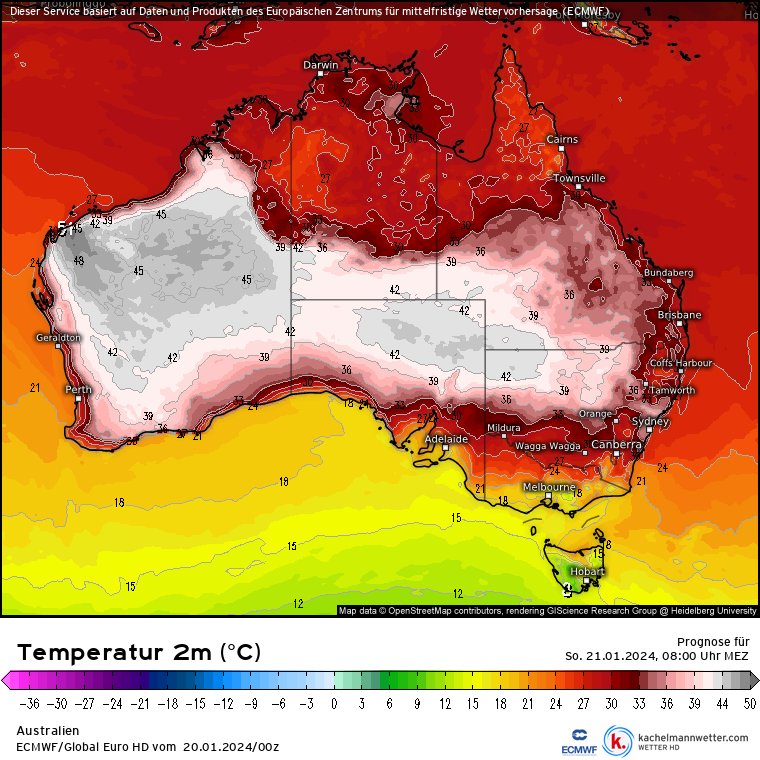 🇦🇺🥵 Terwijl wij een klein speldenprikje hebben gekregen van koning winter, hikt Australië dit weekend tegen een nationaal hitterecord aan!
👉 De hoogste temperatuur ooit gemeten Down Under is 50,7°C en dateert uit 2 januari 1960.