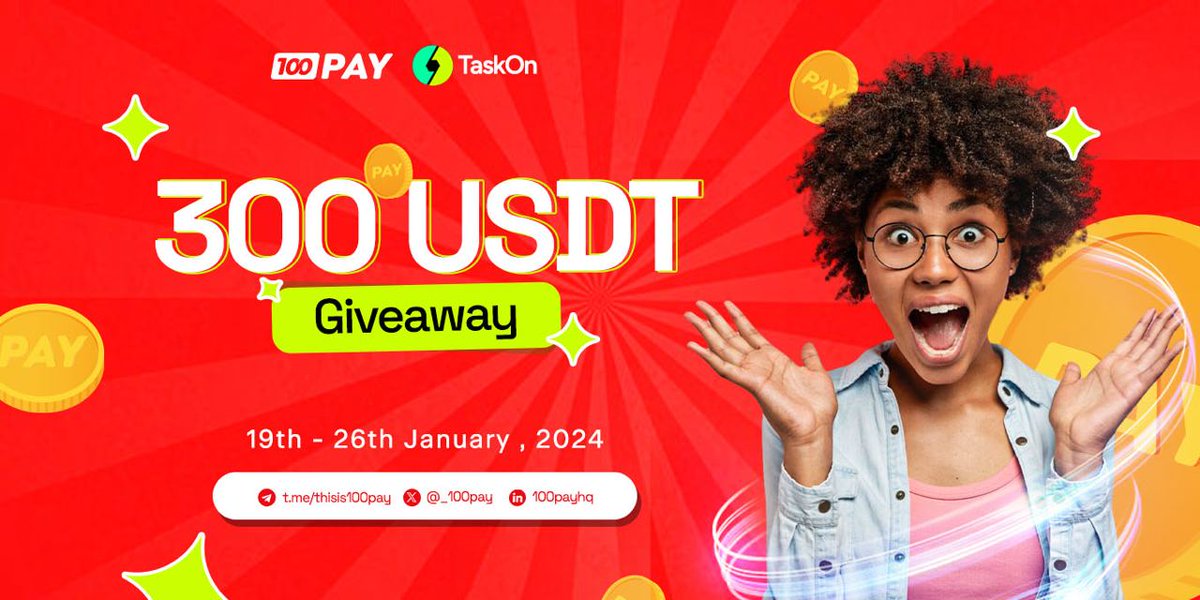 _100pay's tweet photo. We are thrilled to announce another campaign with @taskonxyz and of course there would be a giveaway price of 300USDT to the prospective winners🏆

⏰Starts: 20-01-24  [12pmUTC+1]
⏰Ends: 27-01-24

Click the link below and engage 
https://t.co/yLPZ11ky0b 
#TaskOn #100pay #binance https://t.co/uIsP8F05PD