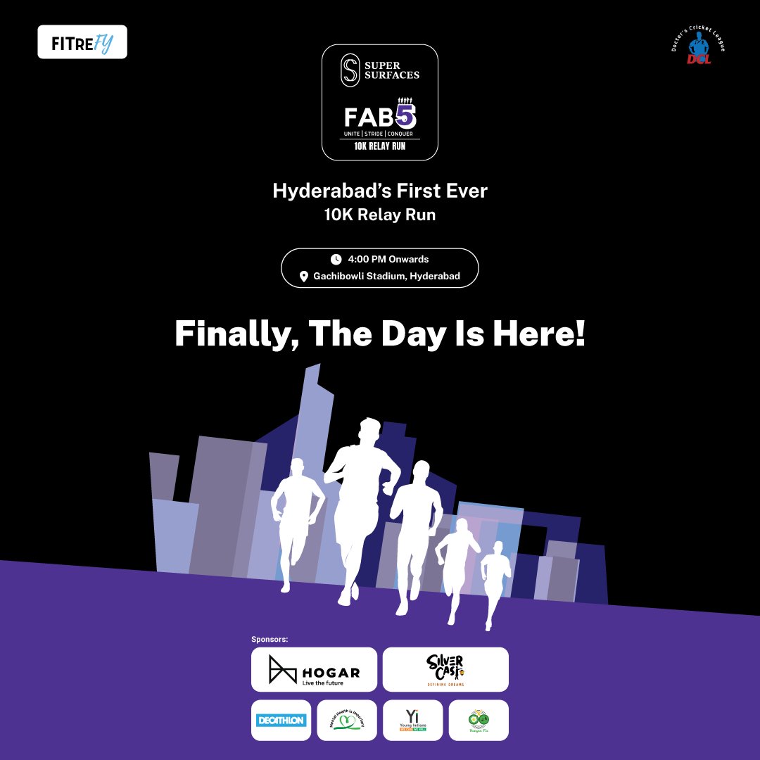 🎉 Finally, the day we've all been waiting for is HERE! 

🏃‍♂️🏃‍♀️ Hyderabad, get ready to make history as Hogar proudly presents the FIRST 10K Relay Run at Gachibowli Stadium TODAY!

#Hogar #Fab5 #HyderabadRunners #FitnessFun #GachibowliStadium #CommunitySpirit #RunForHealth