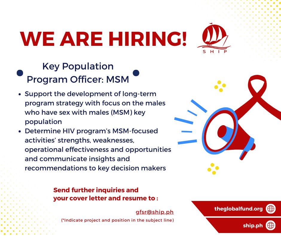 SHIP_PH's tweet photo. Ahoy! SHIP is hiring:

Key Population Program Officers for
• YKP (Young Key Population),
• TGW (Transgender Women),
• MSM (Males who have Sex with Males), and
• PWUD &amp; CS (People Who Use Drugs and people in Closed Settings)

https://t.co/N2uHndjlA1

Thank you from SHIP! https://t.co/UNzKAgEWqd