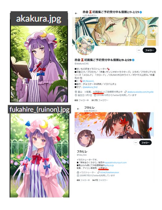 NAILEAKproblemさんが連携して下さった貴重な7000人検証データを調べました。

NAIv3は特定作家の絵柄を再現しており、集中学習LoRAと同じです。しかも、AI学習NGを掲げる多数の絵師の絵柄が再現されています。

左:NAIv3 7000人検証データ中の画像
右:AI学習NGを宣言している絵師

外道ですね。 