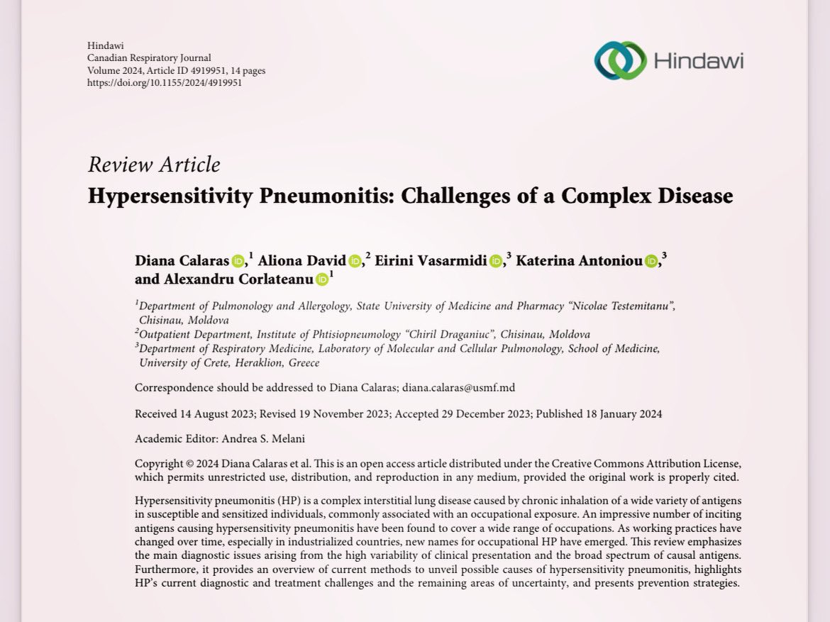 Our new paper on hot topic #Hypersensitivity #Pneumonitis: Challenges of a Complex Disease
doi.org/10.1155/2024/4… via <a href="/Hindawi/">life</a> <a href="/DianaCalaras/">Diana Calaras</a> <a href="/Katerin27451987/">Katerina Antoniou</a> <a href="/ers_ild/">ERS Assembly 12 - ILD</a>  <a href="/EuroRespSoc/">ERS</a>
