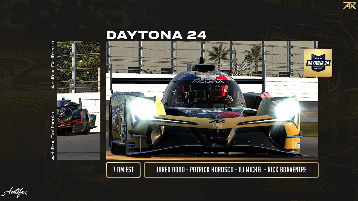 . #ATXSIM | Daytona24 

Drivers: 
<a href="/axe_f1/">axe</a> 🇺🇸
<a href="/Bai1ey29/">Bailey🇵🇭</a> 🇵🇭
<a href="/SuperWahmen/">bert</a> 🇨🇦
Patrick Horosco 🇺🇸

Tune into the link below at 7am EST to watch ATX take on Daytona24.

twitch.tv/bai1ey29