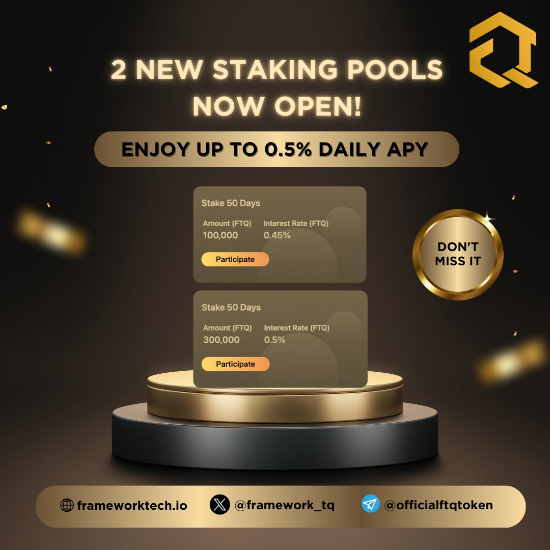 framework_tq's tweet image. 🌐 Framework Tech Quantum introduces 2 new staking pools:
1️⃣ Stake 100,000 FTQ for 50 days, earn 0.45% APY daily! 
2️⃣ Stake 300,000 FTQ for 50 days, enjoy 0.5% APY daily!

🌟👇Start earning on our Staking DApp now!
dapp.frameworktech.io

#Layer2 #crypto #FrameworkTech