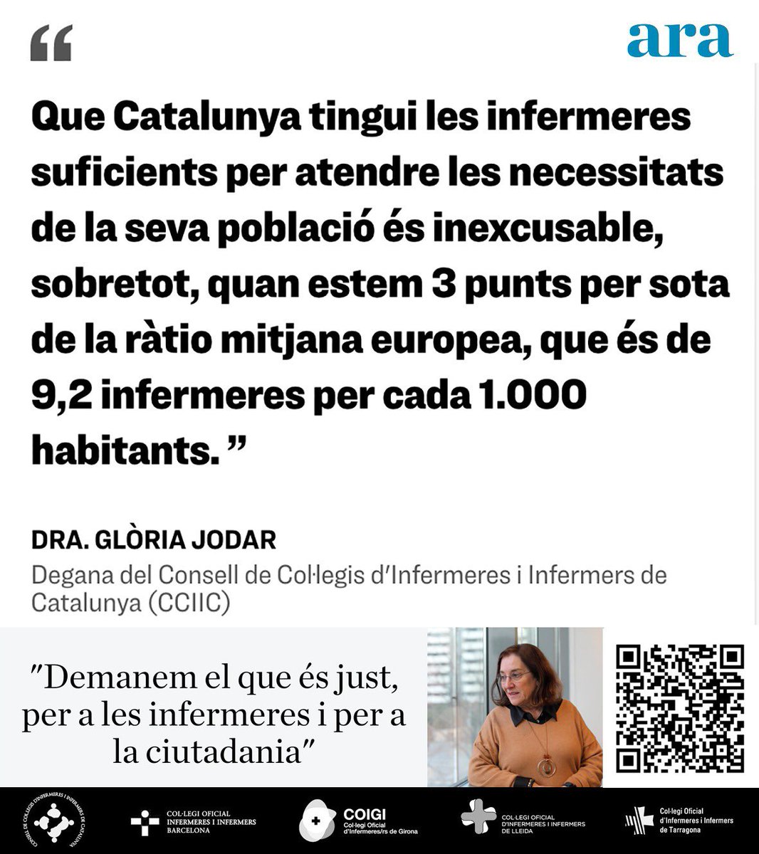 <a href="/GloriaJodar/">Glòria Jodar</a> "Que Catalunya tingui les infermeres suficients per atendre les necessitats de la seva població és inexcusable, sobretot quan estem 3 punts per sota de la ràtio europea"

Llegiu ara.cat/especials/dema… <a href="/diariARA/">diariARA</a> <a href="/COIBarcelona/">Col·legi d'Infermeres i Infermers de BCN (COIB)</a> <a href="/COIGIrona/">Col·legi Oficial d'Infermeres/ers de Girona</a> <a href="/InfLleidaCOILL/">InfermeresLleidaCOILL</a> <a href="/codita_tgn/">Codita Tarragona</a>