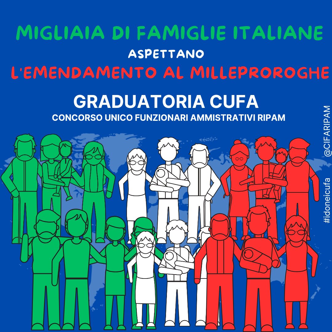 Migliaia di famiglie italiane confidano nel #Parlamento per l'approvazione dell'emendamento al #Milleproroghe:
proroga graduatoria #CUFA Concorso Unico Funzionari Ammistrativi.
💚🤍❤️
<a href="/Ignazio_LaRussa/">Ignazio La Russa</a>
<a href="/SenatoStampa/">Senato Repubblica</a>
<a href="/Fontana3Lorenzo/">Lorenzo Fontana</a>
<a href="/Montecitorio/">Camera dei deputati</a>
#IlMeritoNonScade
#idoneicufa