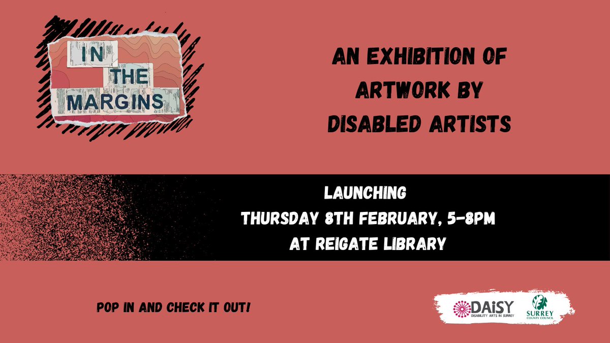 SurreyLibraries's tweet image. We are excited to let you know about a new project called #InTheMargins coming to @ReigateLibrary where artworks created by local disability arts groups and artist, @soundcube, will be available for you to view! 

Why not pop in and check it out!

@daisyfest #DisabilityArts