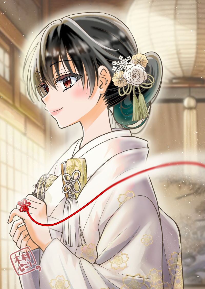 1girl japanese clothes string of fate black hair solo kimono red eyes  illustration images