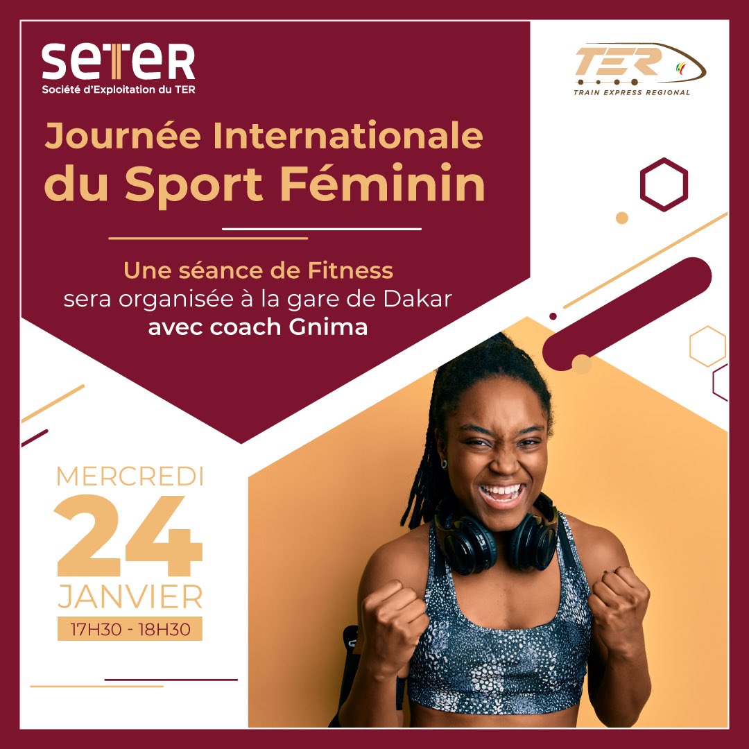 A l'occasion de la journée internationale du sport féminin, une séance de fitness sera organisée le mercredi 24 janvier à partir de 17h 30 au niveau du parvis de la gare de Dakar.

#TER #SportFéminin